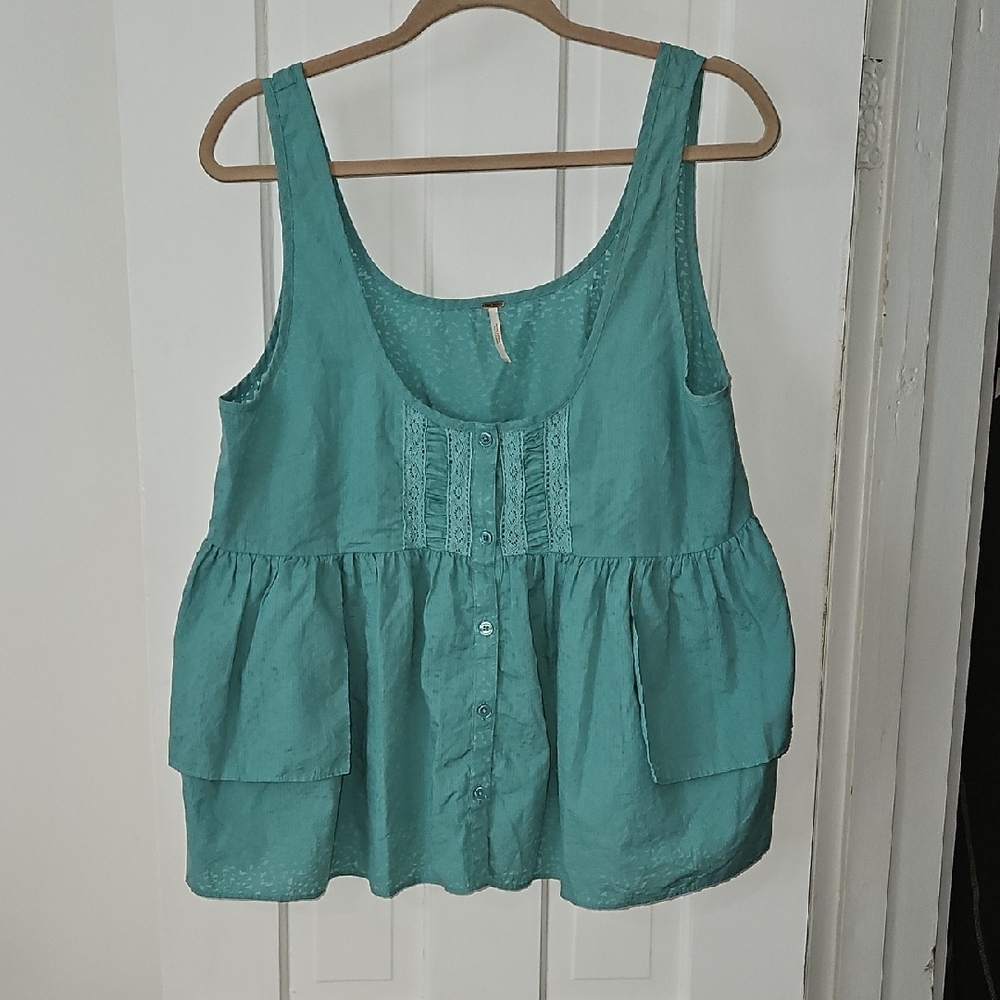 Free People Green Smocked Peplum Tank Top